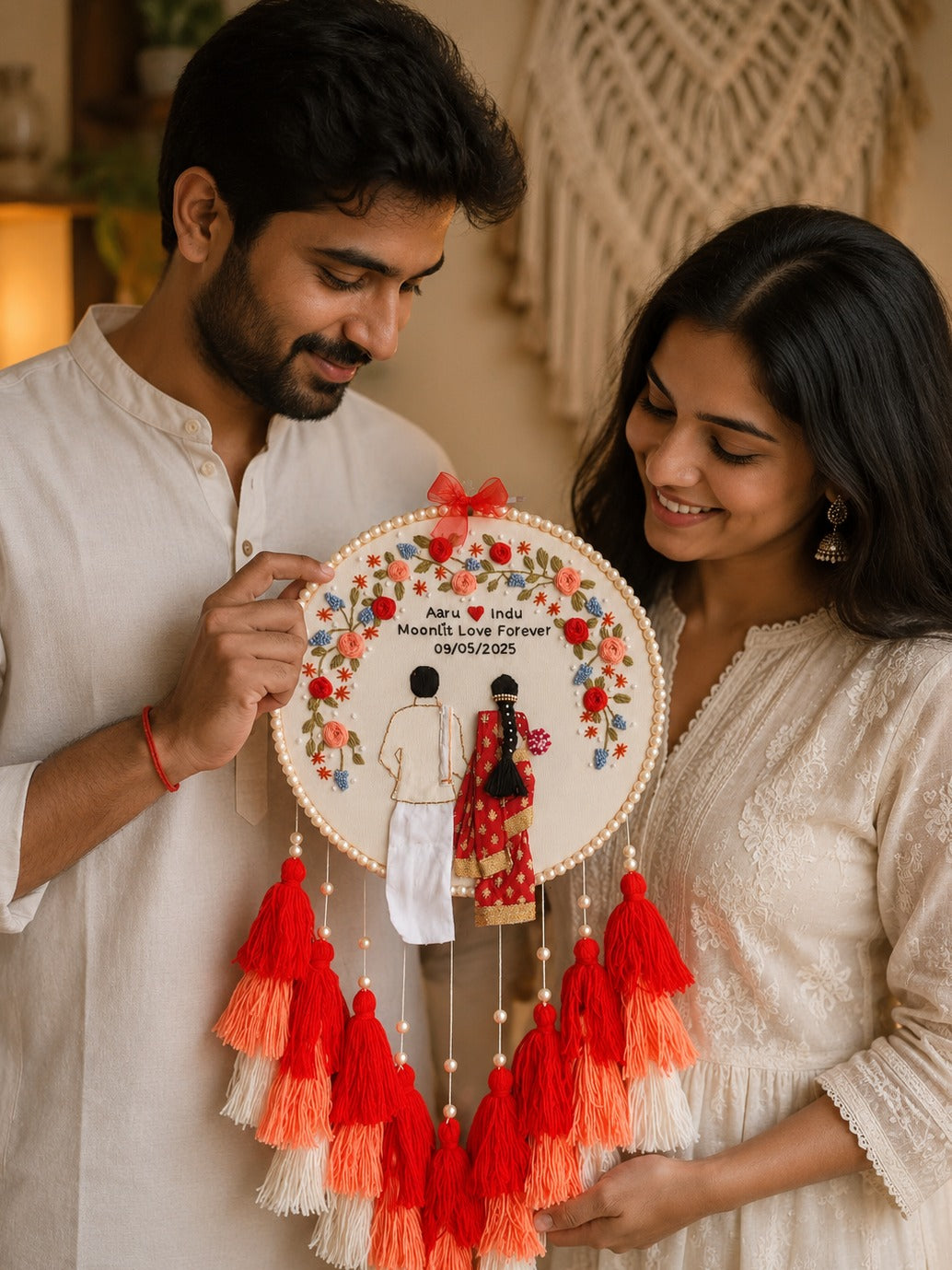 Customizable Couple Embroidered Hoop with Tassels