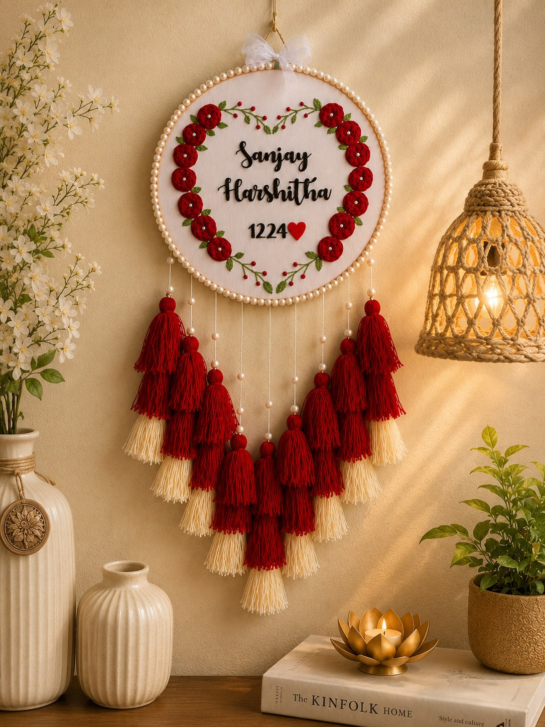 Personalized Floral Embroidery Couple Name Wall Hanging with Tassels