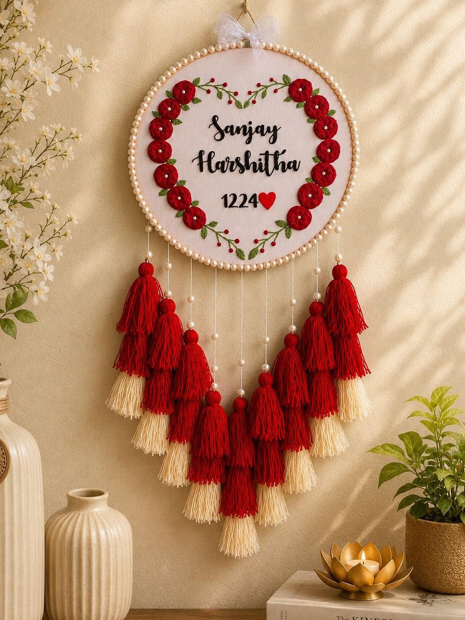 Personalized Floral Embroidery Couple Name Wall Hanging with Tassels