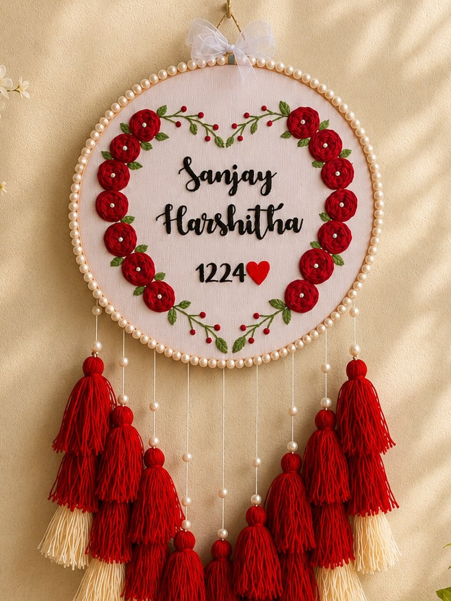Personalized Floral Embroidery Couple Name Wall Hanging with Tassels