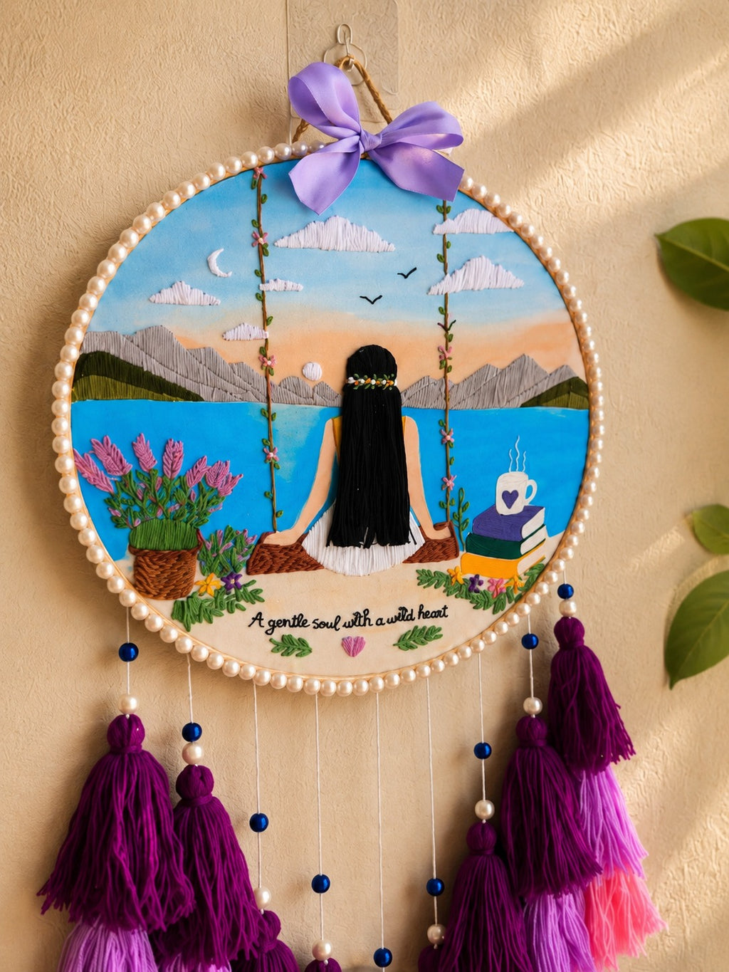 Girl by the Lake – Handmade Embroidered Wall Art with Tassles