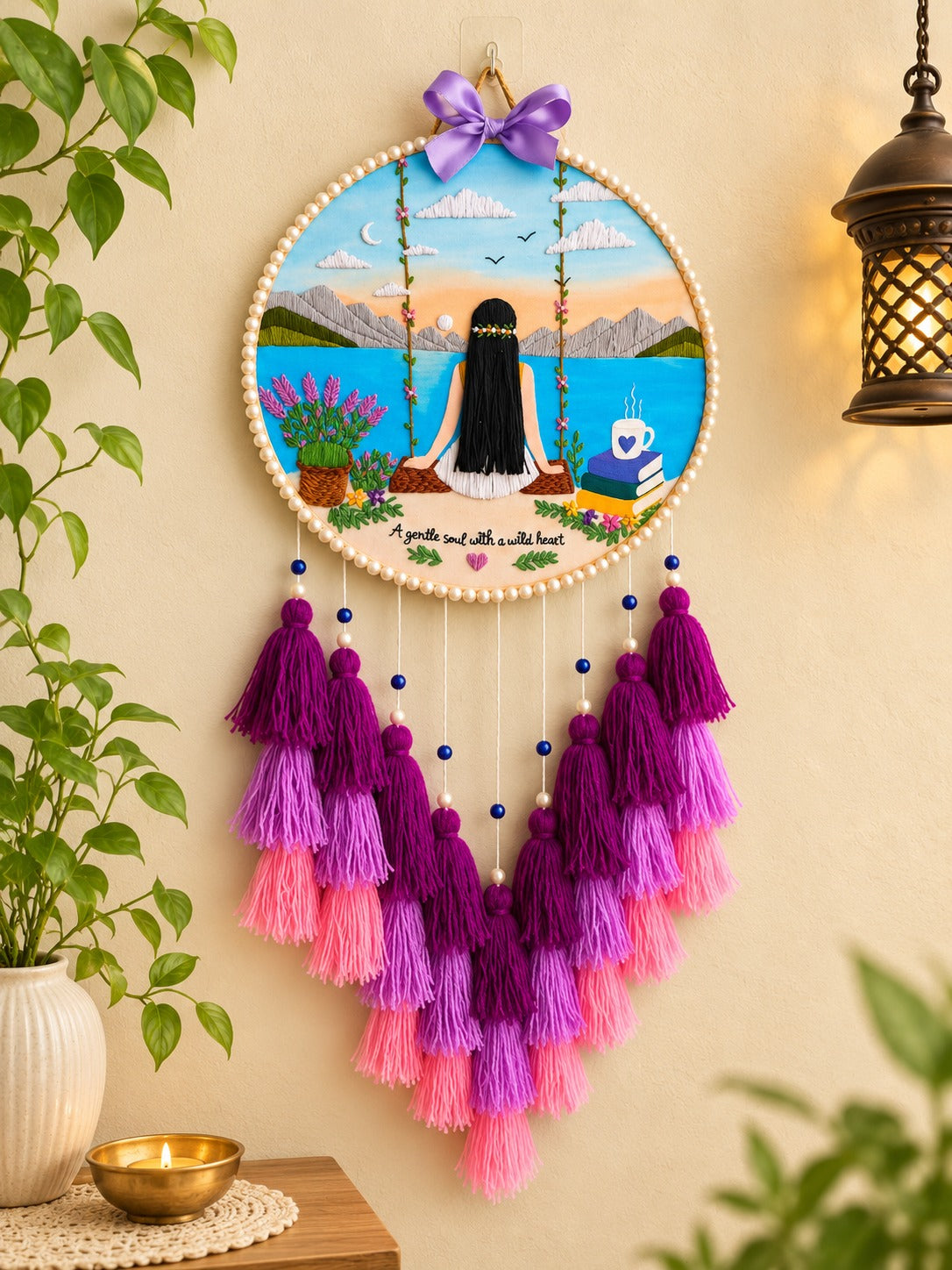 Girl by the Lake – Handmade Embroidered Wall Art with Tassles