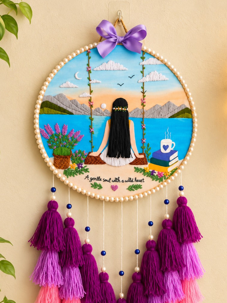 Girl by the Lake – Handmade Embroidered Wall Art with Tassles