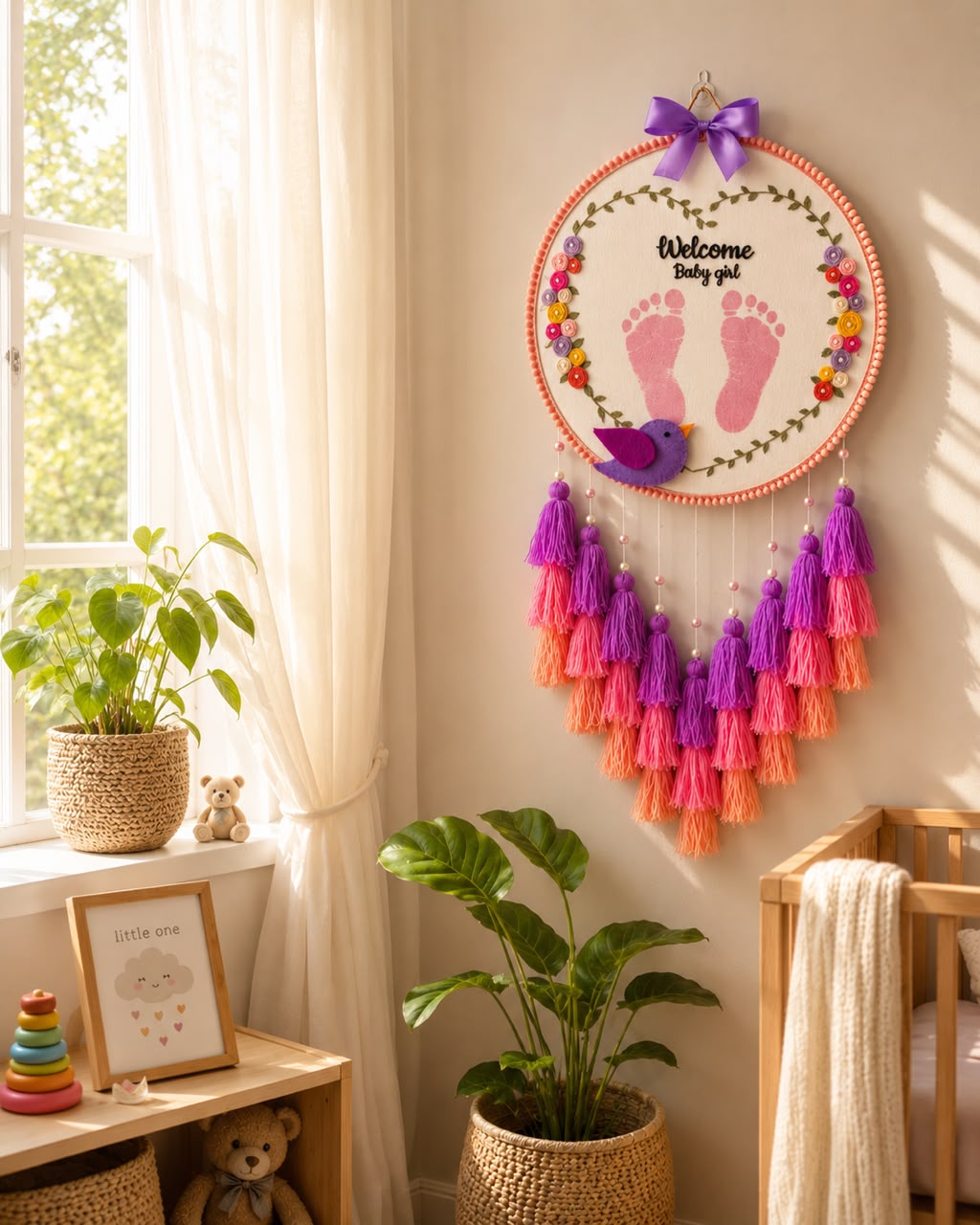 Personalized Baby Footprint Embroidery Wall Hanging with Tassels