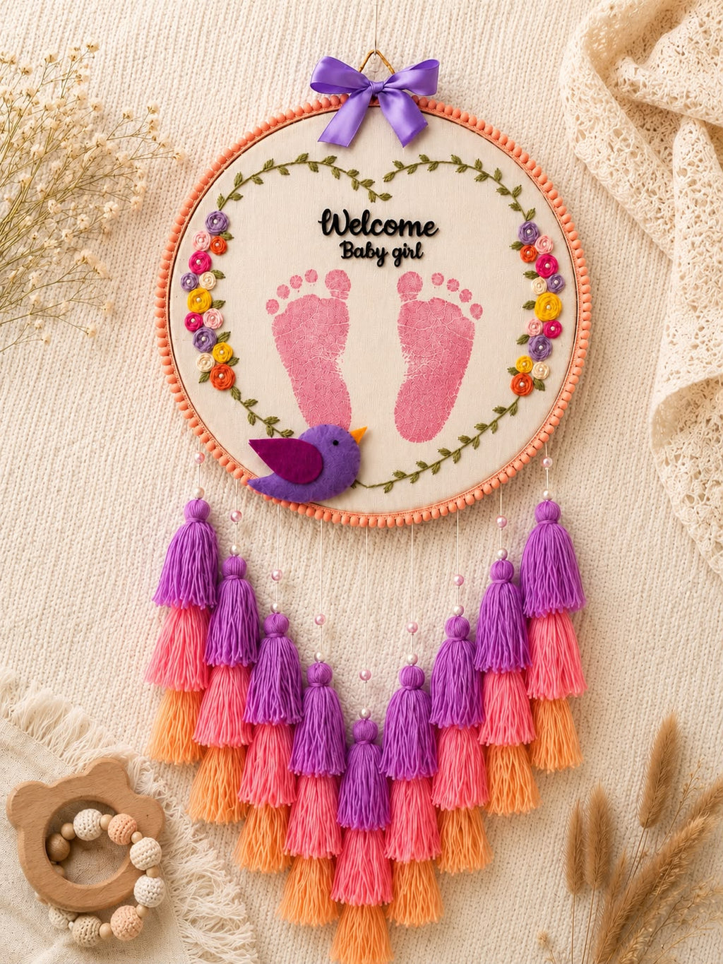 Personalized Baby Footprint Embroidery Wall Hanging with Tassels