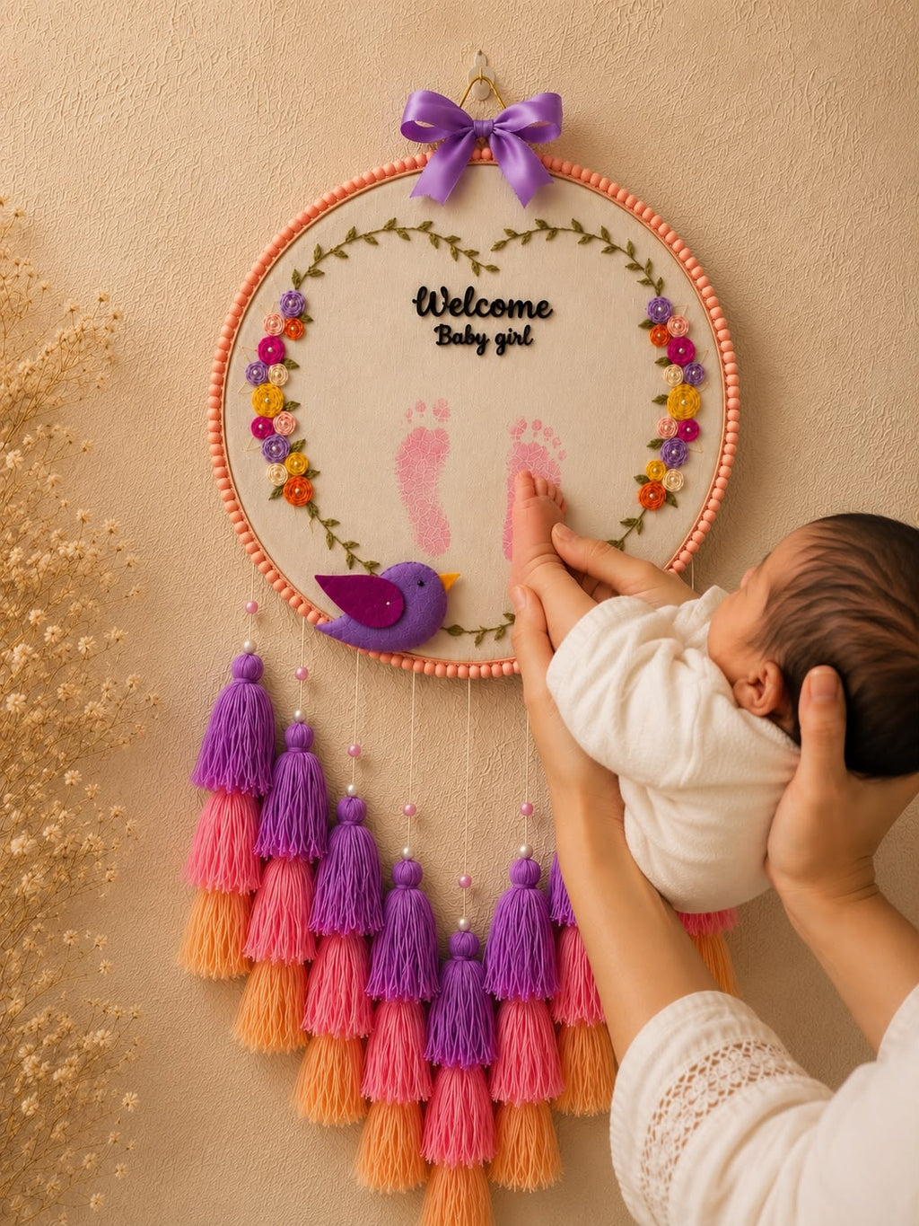Personalized Baby Footprint Embroidery Wall Hanging with Tassels