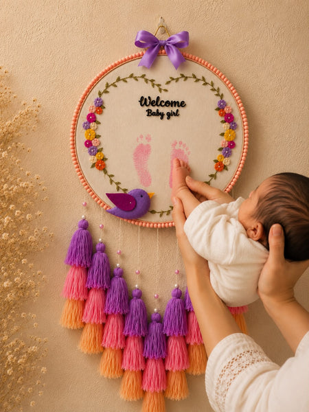 Personalized Baby Footprint Embroidery Wall Hanging with Tassels