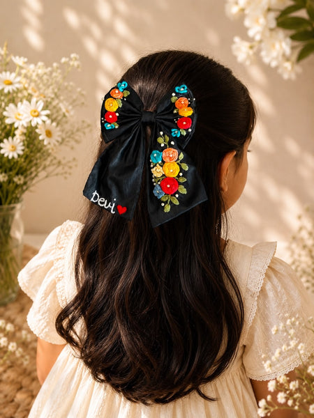 Black Hand Embroidered Hair Bow with Name