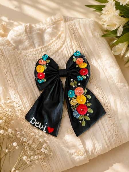 Black Hand Embroidered Hair Bow with Name