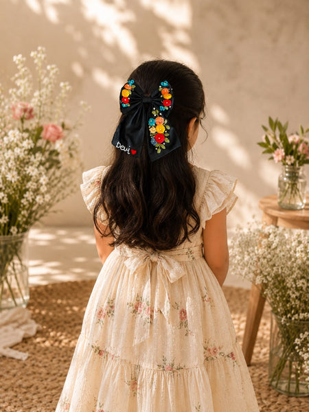 Black Hand Embroidered Hair Bow with Name