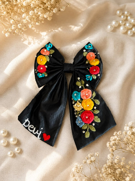 Black Hand Embroidered Hair Bow with Name