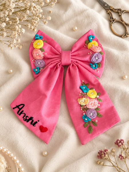 Pink Hand Embroidered Hair Bow with Name