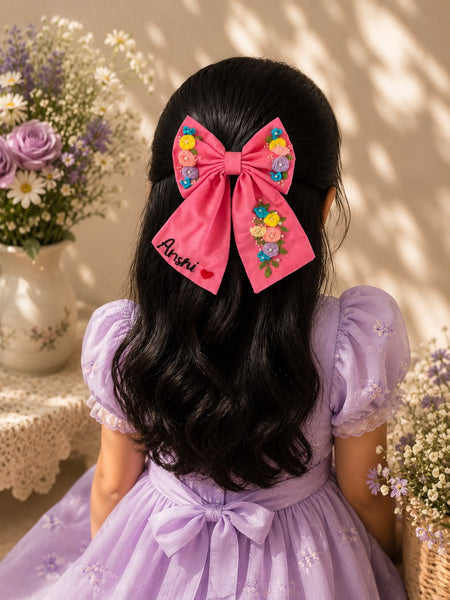 Pink Hand Embroidered Hair Bow with Name