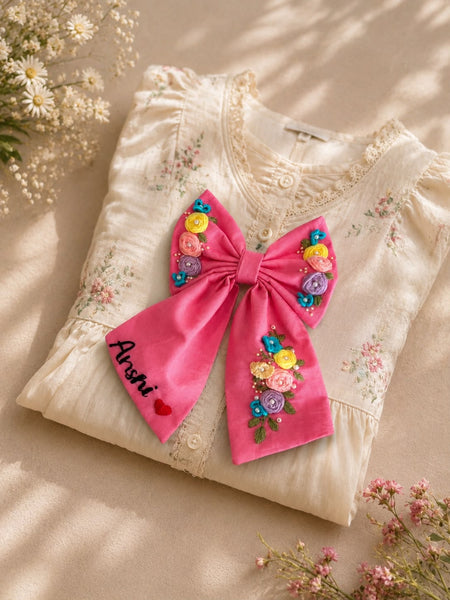 Pink Hand Embroidered Hair Bow with Name