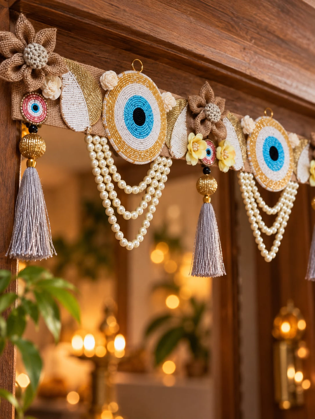 Handcrafted Evil Eye Floral Toran with Pearl Hangings & Bead Tassels