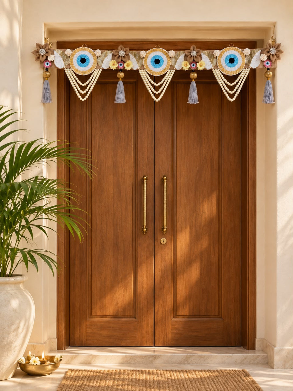 Handcrafted Evil Eye Floral Toran with Pearl Hangings & Bead Tassels