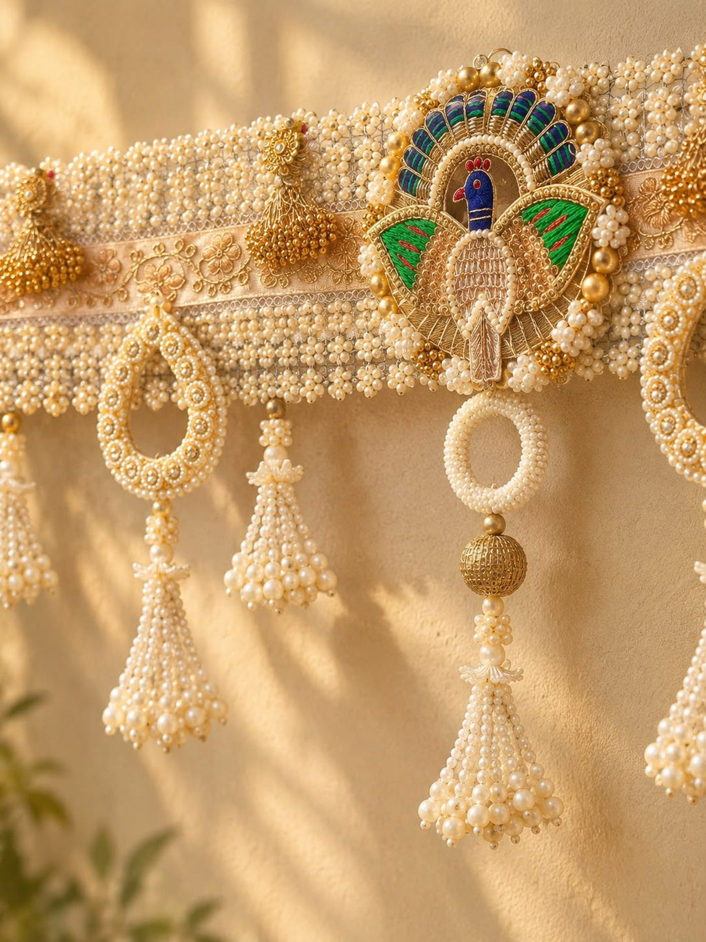 Royal Pearl & Gold Peacock Bandarwal – Handcrafted Festive Toran
