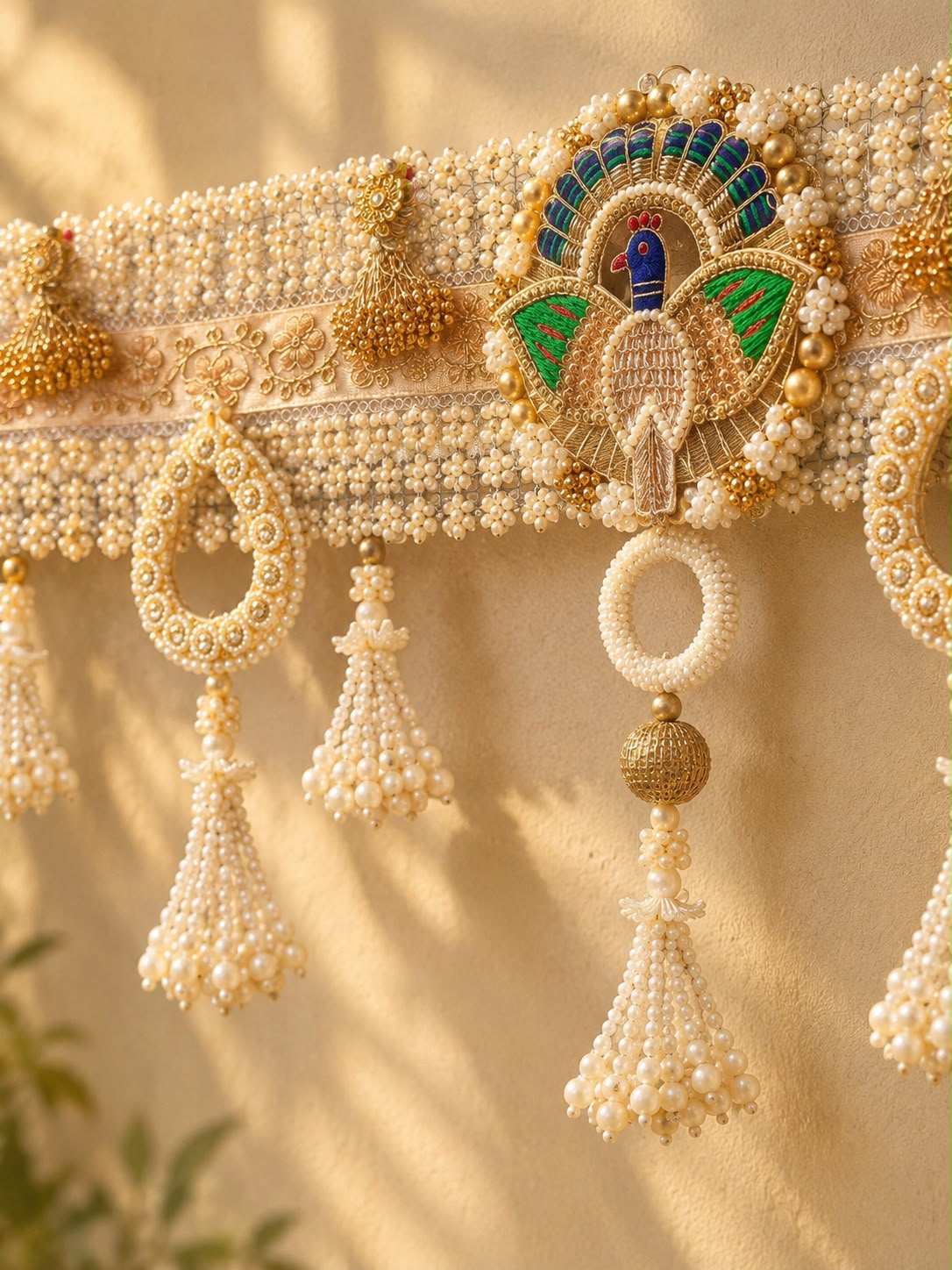 Royal Pearl & Gold Peacock Bandarwal – Handcrafted Festive Toran