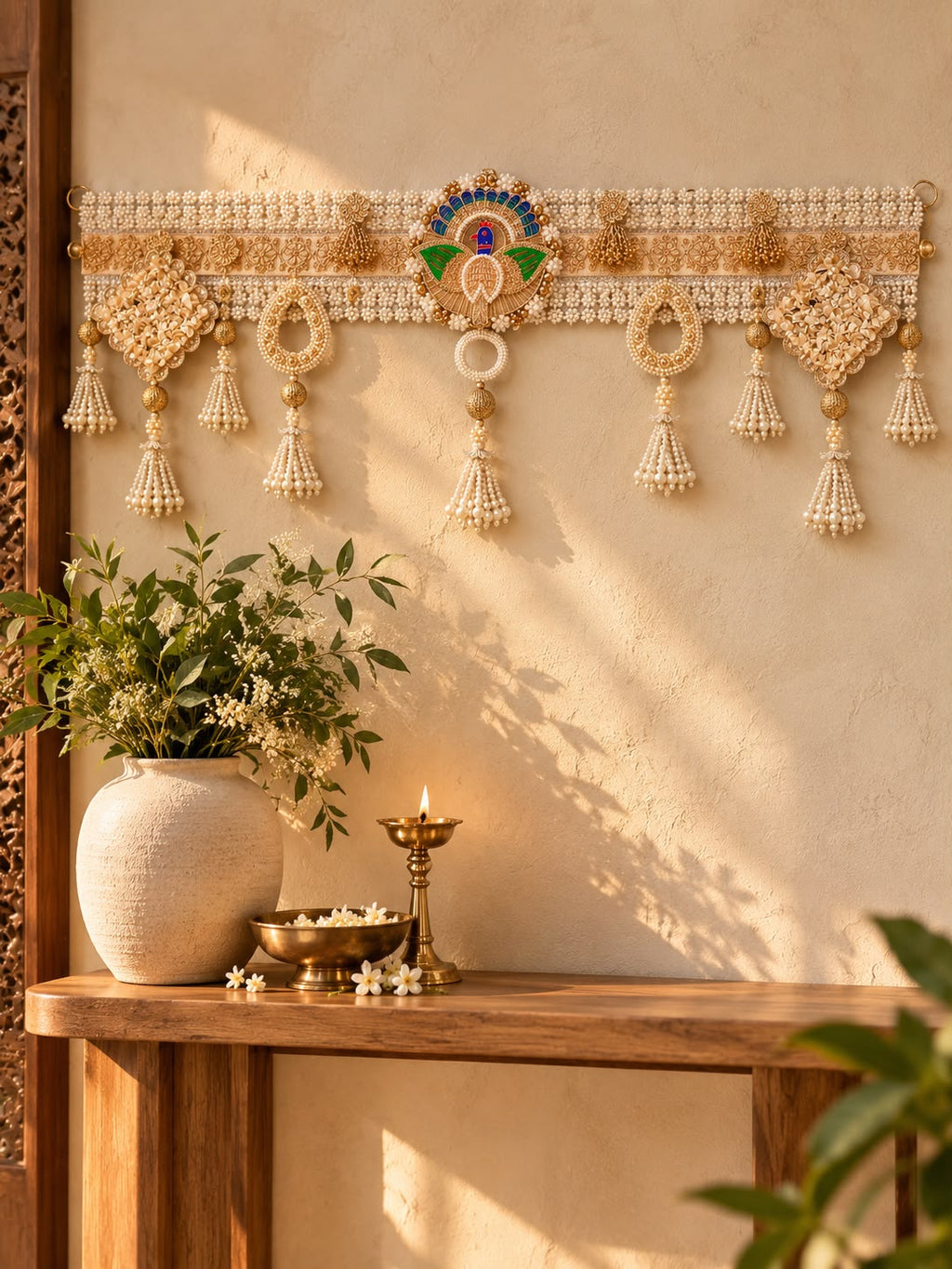 Royal Pearl & Gold Peacock Bandarwal – Handcrafted Festive Toran