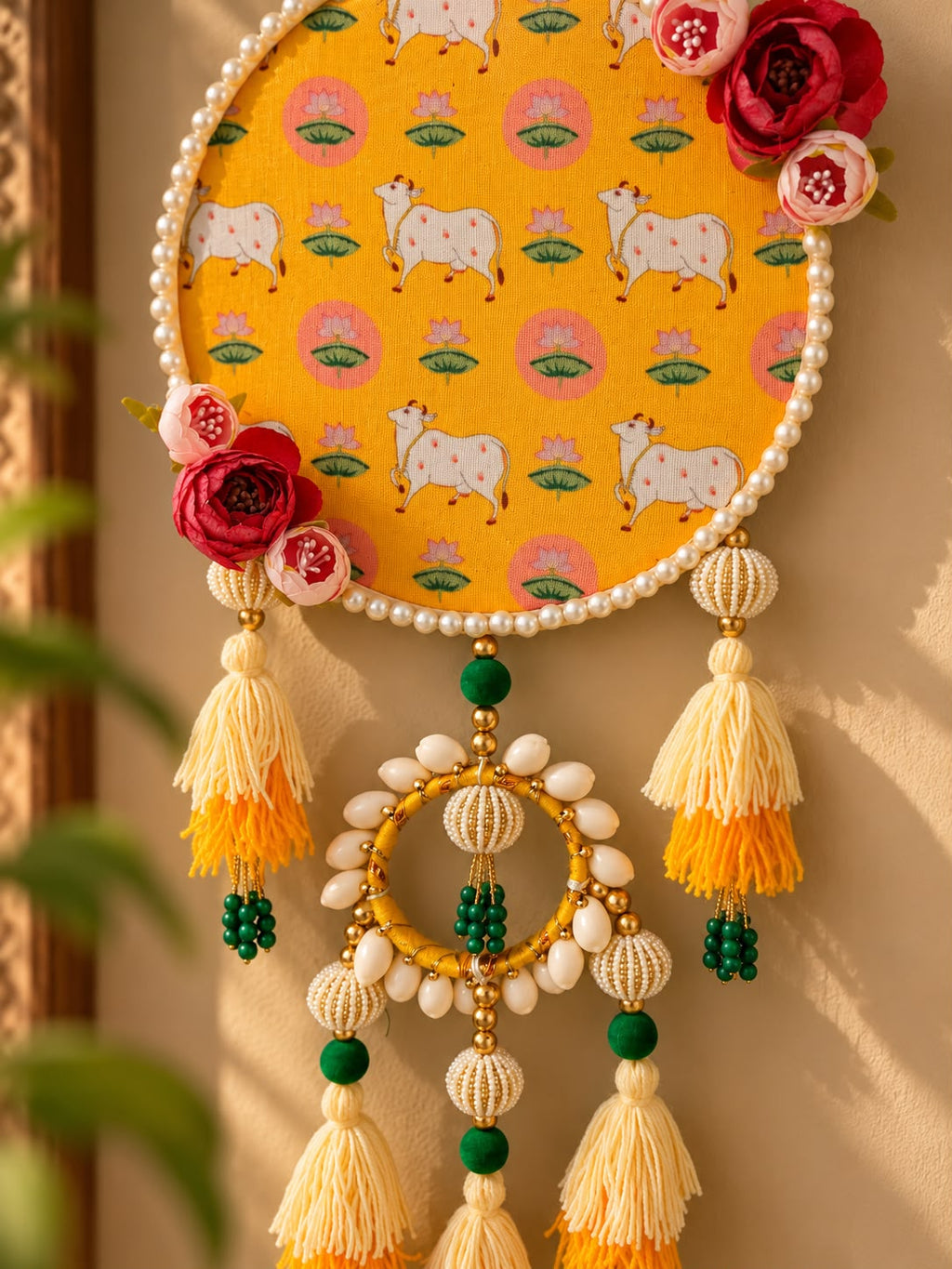 Pichwai Cow & Lotus Wall Hanging with Pearl Border with Beads & Tassles