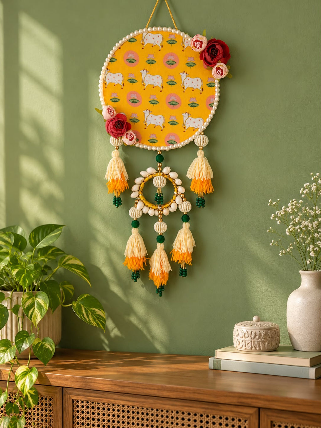 Pichwai Cow & Lotus Wall Hanging with Pearl Border with Beads & Tassles