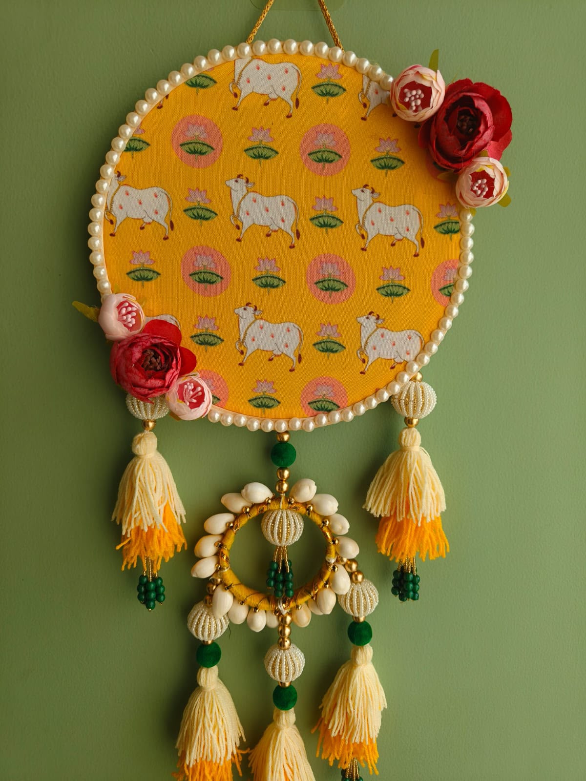 Pichwai Cow & Lotus Wall Hanging with Pearl Border with Beads & Tassles