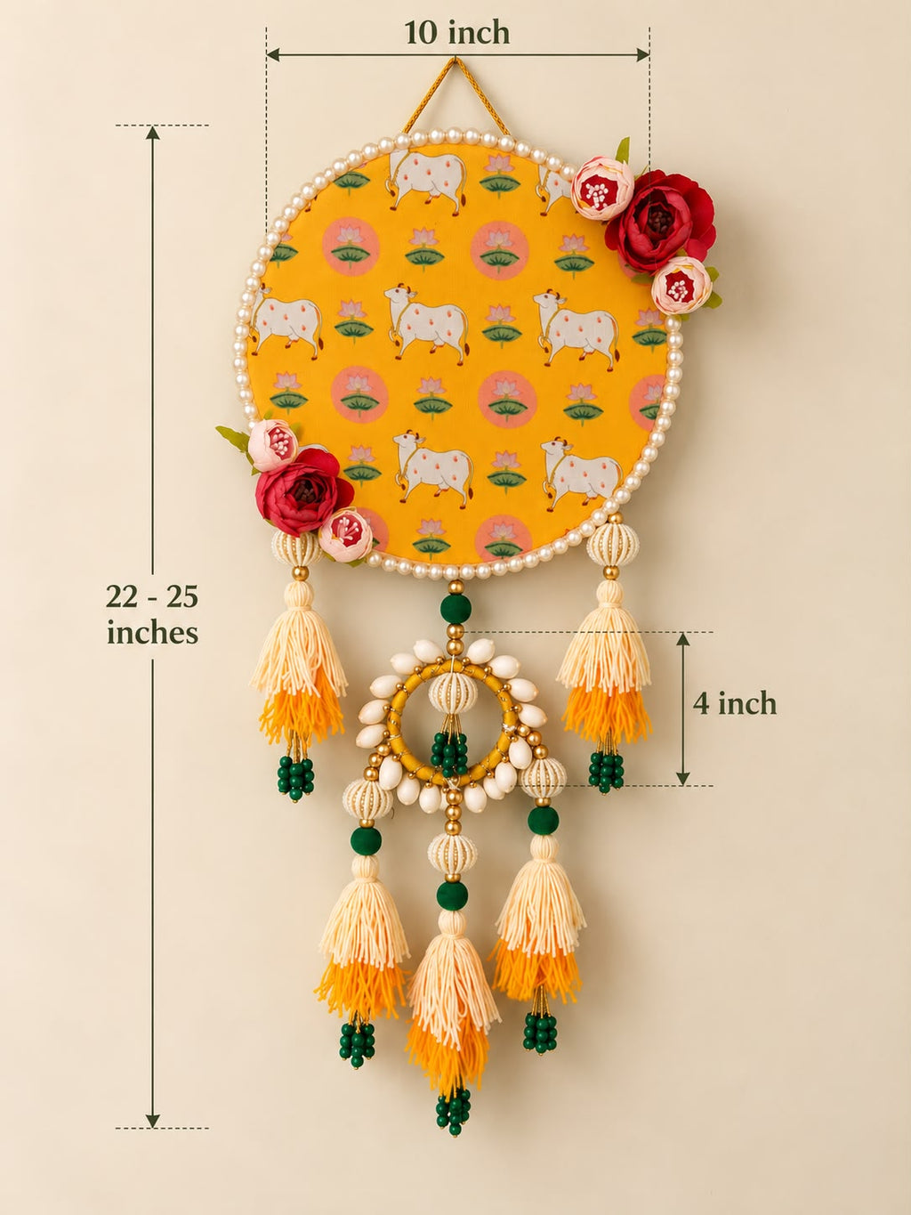 Pichwai Cow & Lotus Wall Hanging with Pearl Border with Beads & Tassles