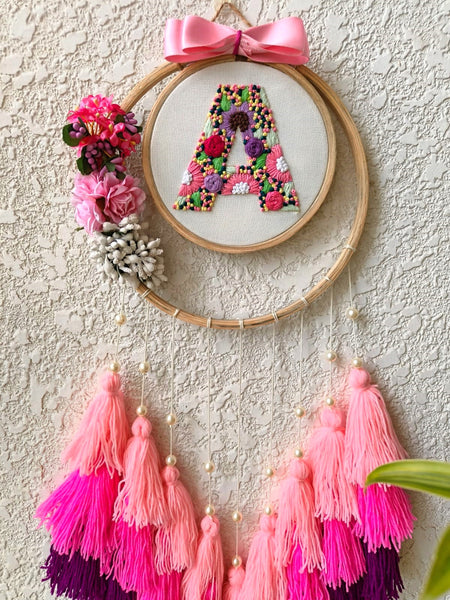 Customizable Floral Embroidered Letter Hoop with Tassles