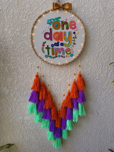 'One Day at a Time' Embroidered Hanging Dreamcatcher with Lights