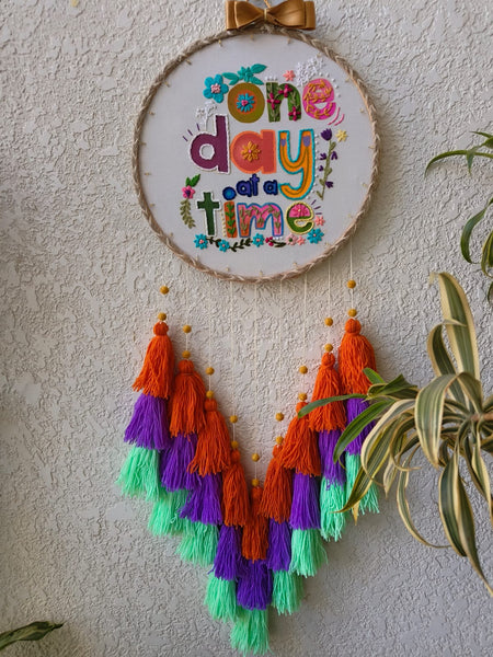 'One Day at a Time' Embroidered Hanging Dreamcatcher with Lights