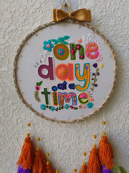 'One Day at a Time' Embroidered Hanging Dreamcatcher with Lights