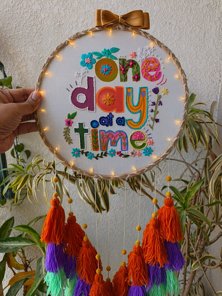 'One Day at a Time' Embroidered Hanging Dreamcatcher with Lights