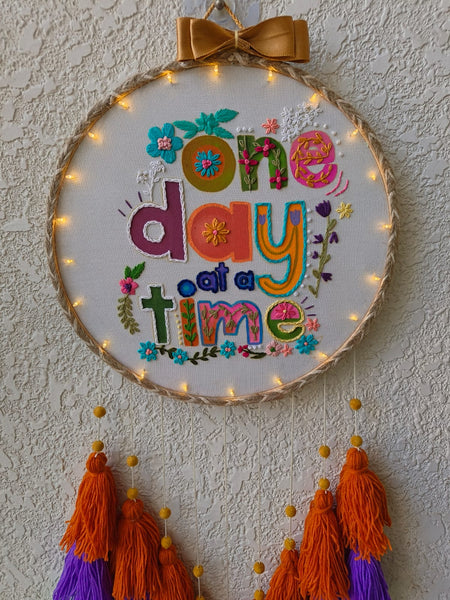 'One Day at a Time' Embroidered Hanging Dreamcatcher with Lights