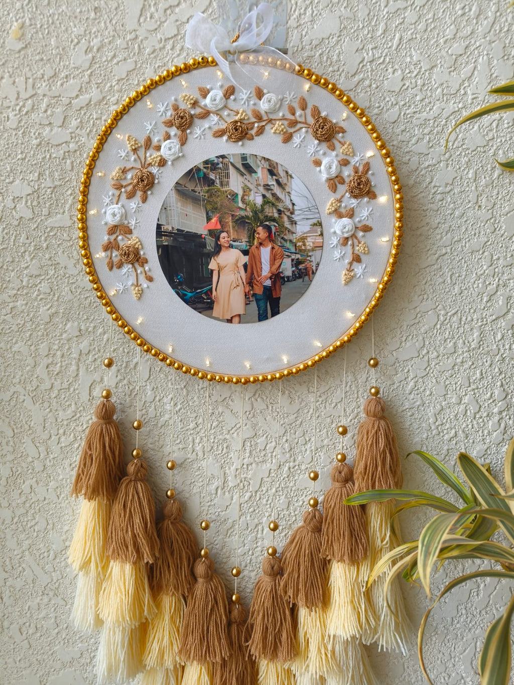 Embroidered Floral Photo Frame Hoop with Tassles & Lights
