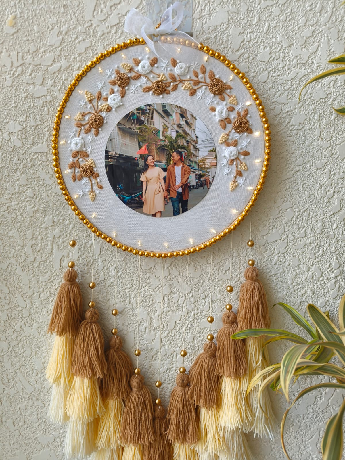 Embroidered Floral Photo Frame Hoop with Tassles & Lights
