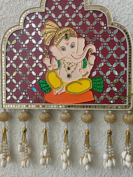 Handcrafted Ganesha Mirror Work Wall Hanging with Shell Tassels