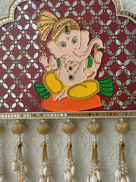 Handcrafted Ganesha Mirror Work Wall Hanging with Shell Tassels