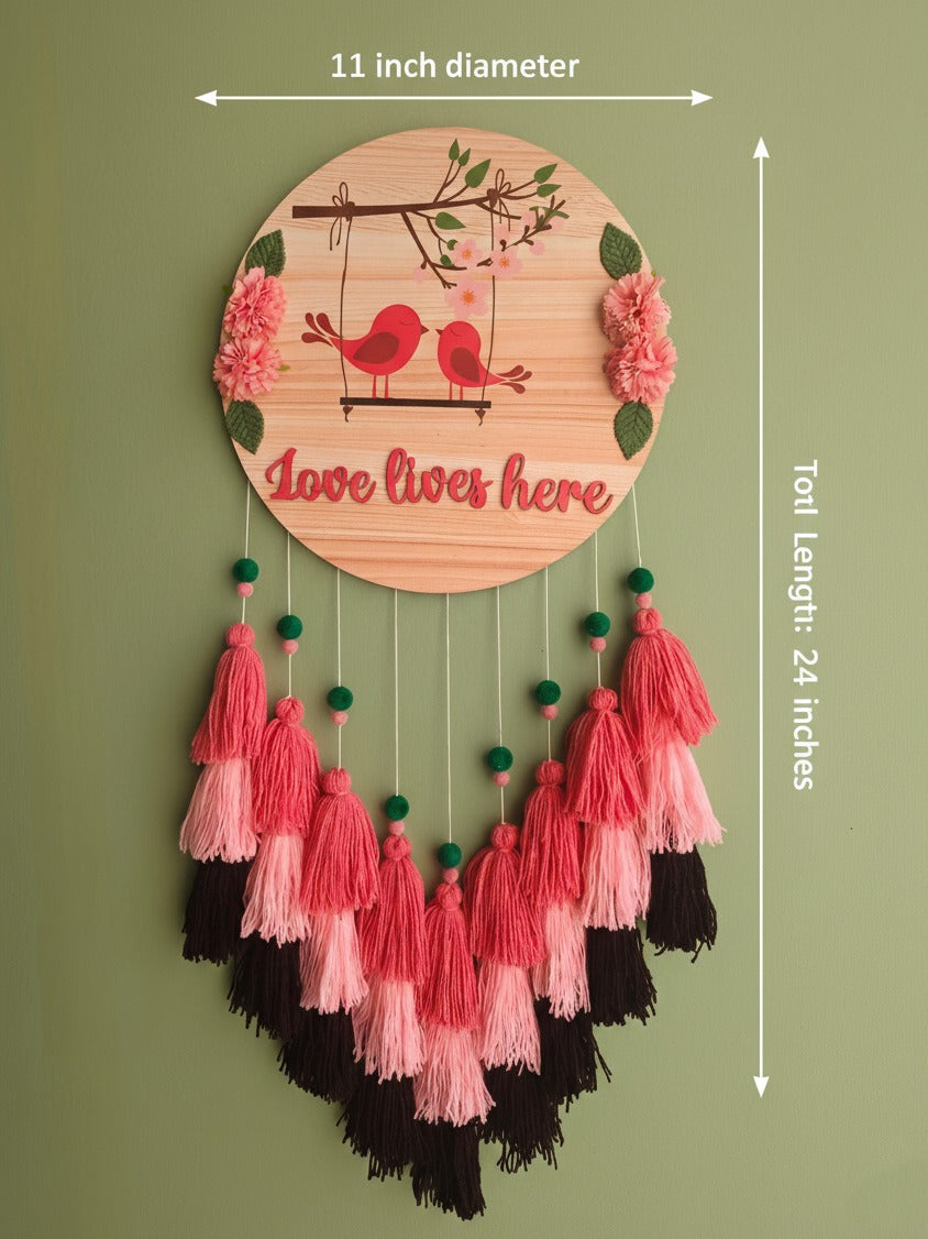 Love Lives Here Floral Bird Tassel Wall Hanging