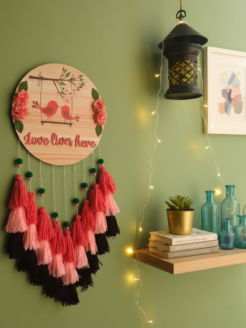 Love Lives Here Floral Bird Tassel Wall Hanging