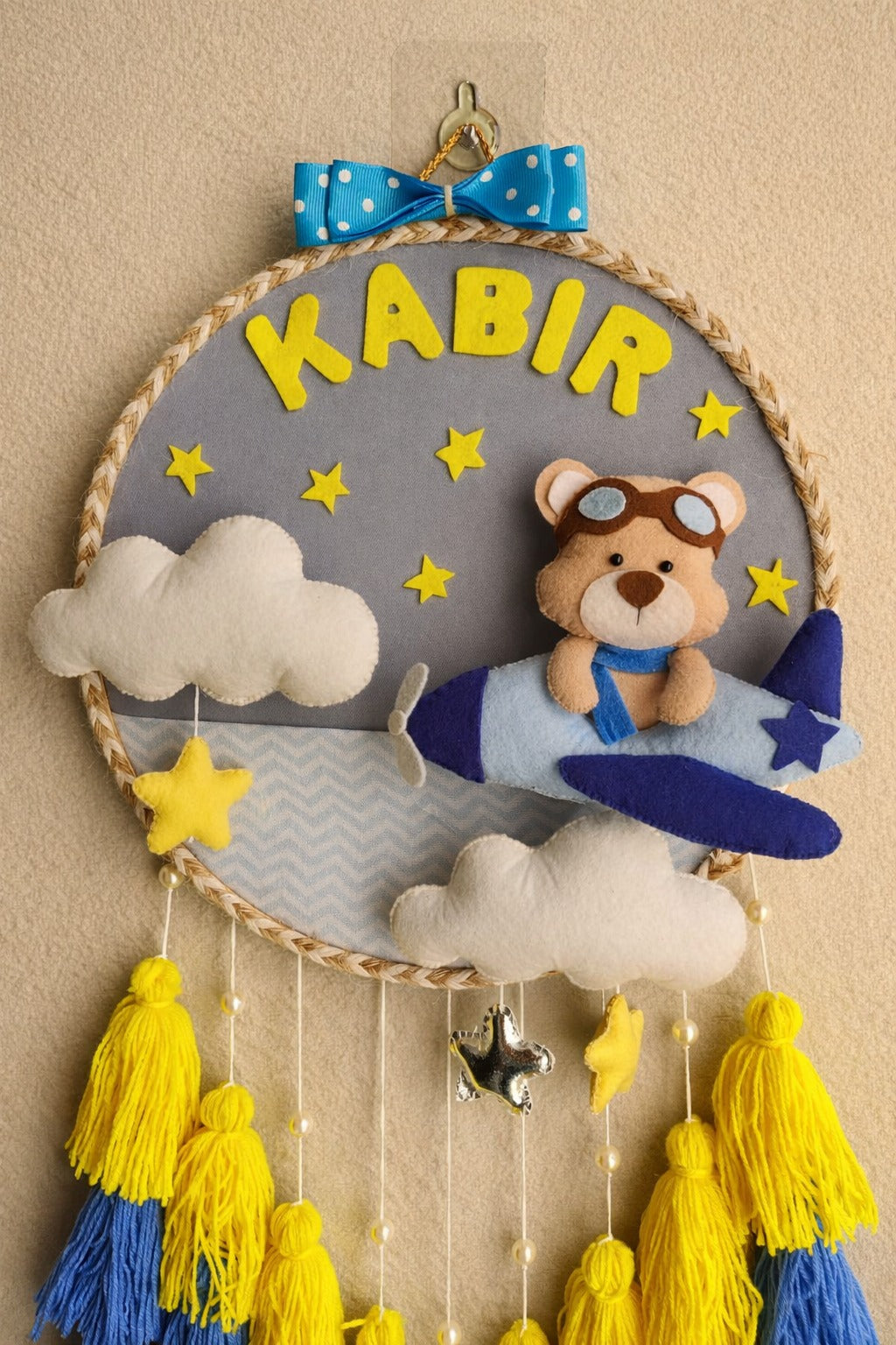 Personalized Kids Name Wall Hanging with Teddy Airplane Theme