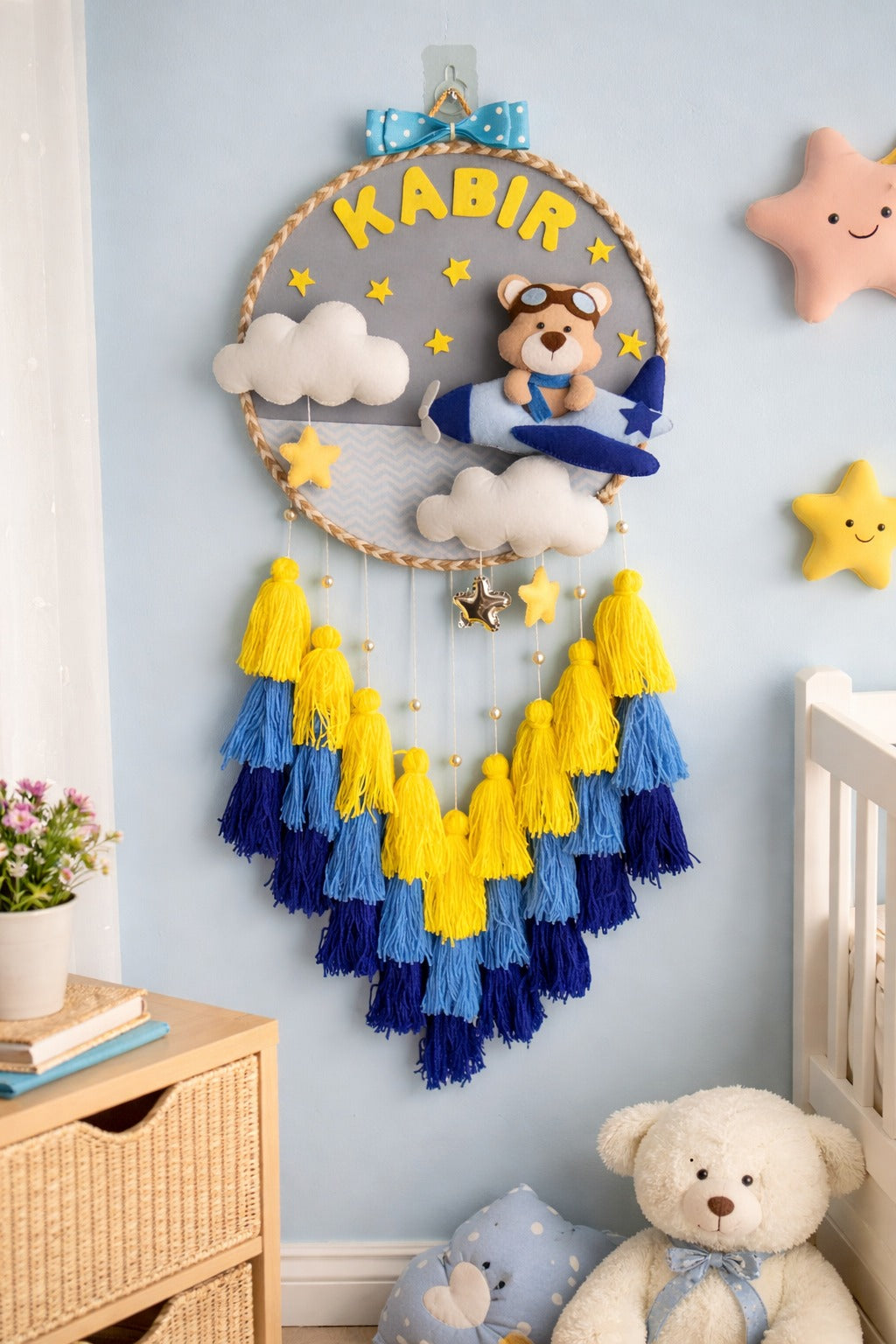 Personalized Kids Name Wall Hanging with Teddy Airplane Theme