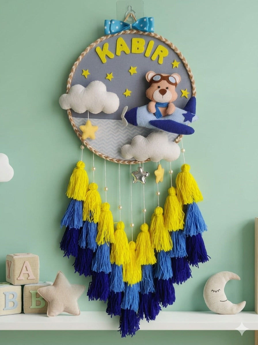 Personalized Kids Name Wall Hanging with Teddy Airplane Theme