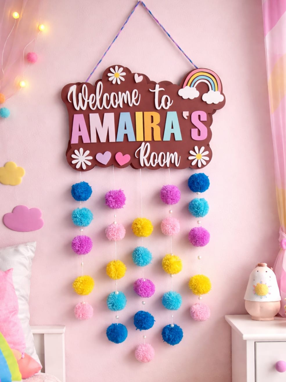 Welcome to My Room Personalized Name Board with Pompom for Kids