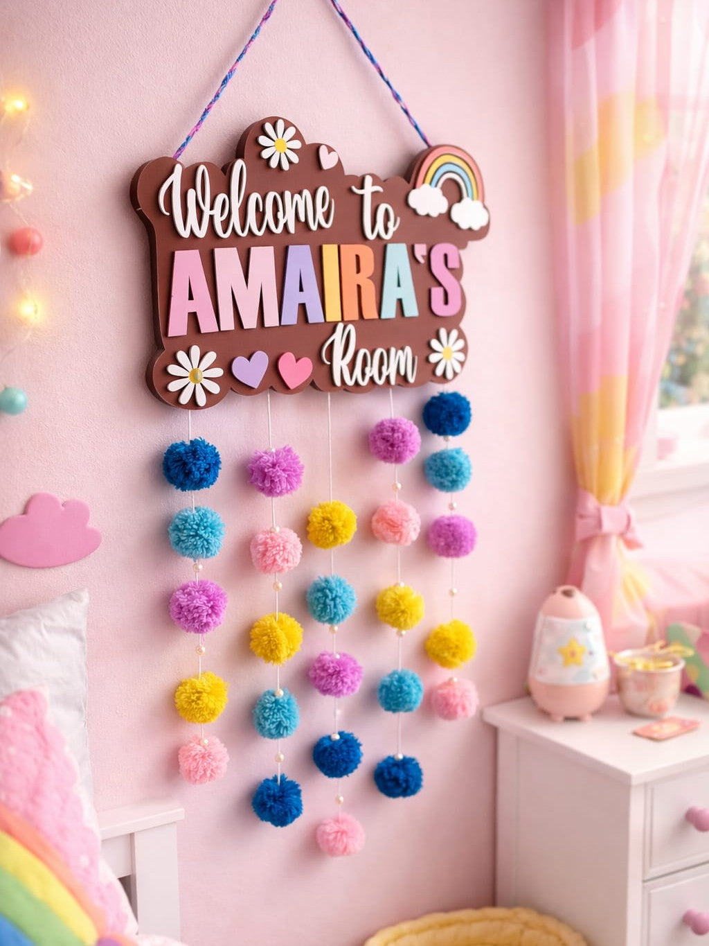 Welcome to My Room Personalized Name Board with Pompom for Kids
