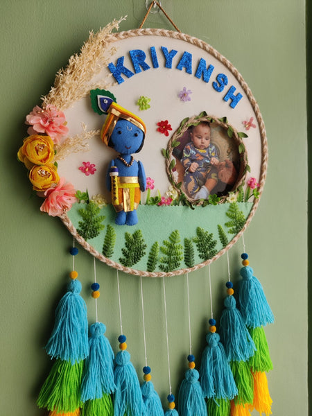 Personalized Kid Name Wall Hanging with Photo Krishna Theme