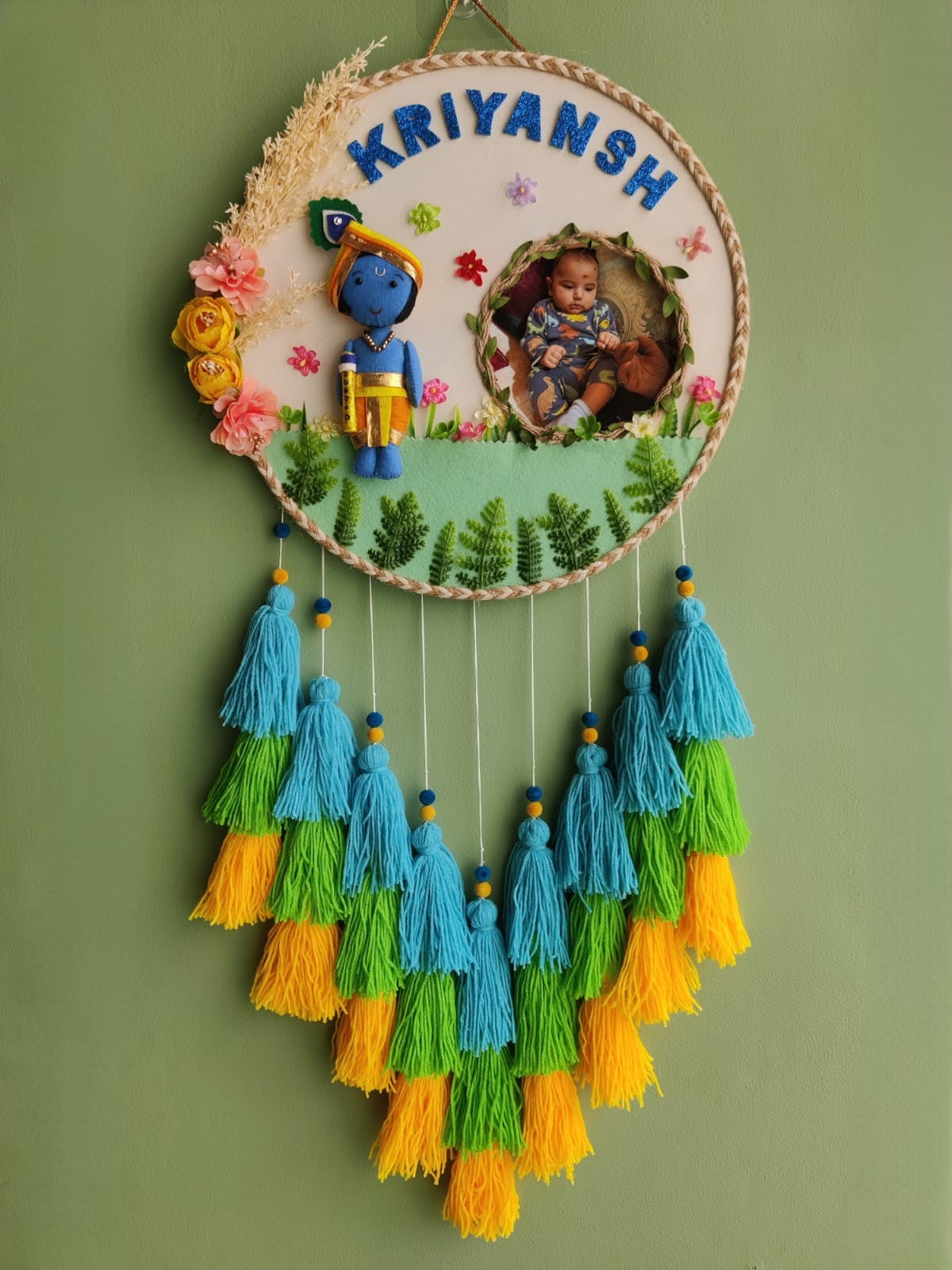 Personalized Kid Name Wall Hanging with Photo Krishna Theme