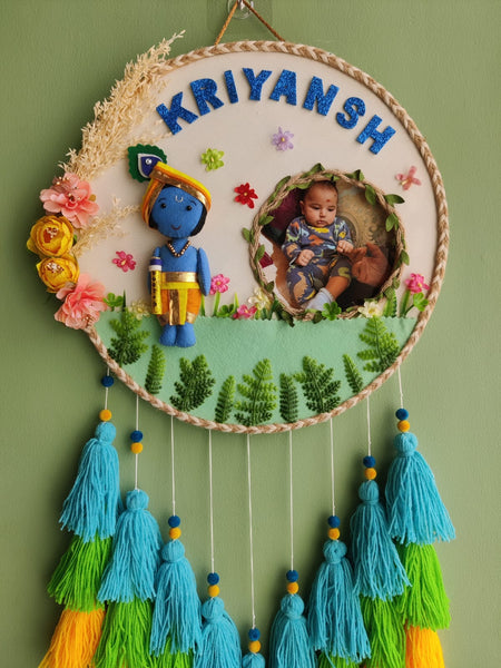 Personalized Kid Name Wall Hanging with Photo Krishna Theme