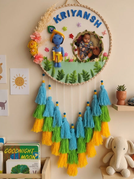 Personalized Kid Name Wall Hanging with Photo Krishna Theme