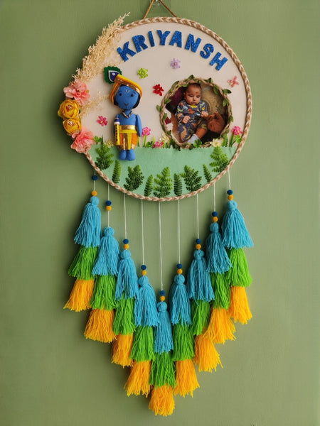 Personalized Kid Name Wall Hanging with Photo Krishna Theme