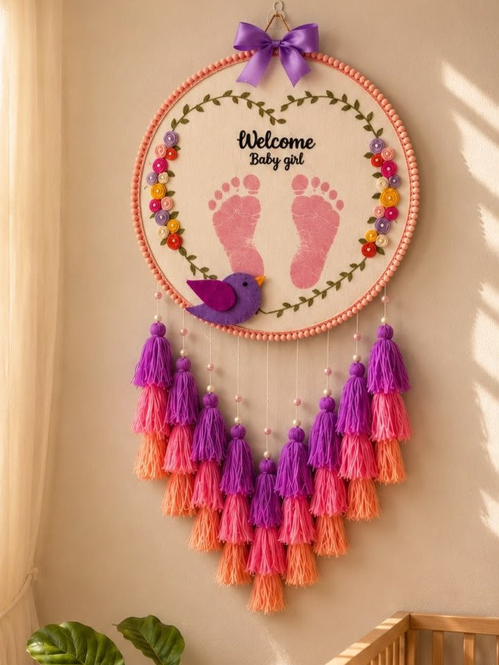 Personalized Baby Footprint Embroidery Wall Hanging with Tassels